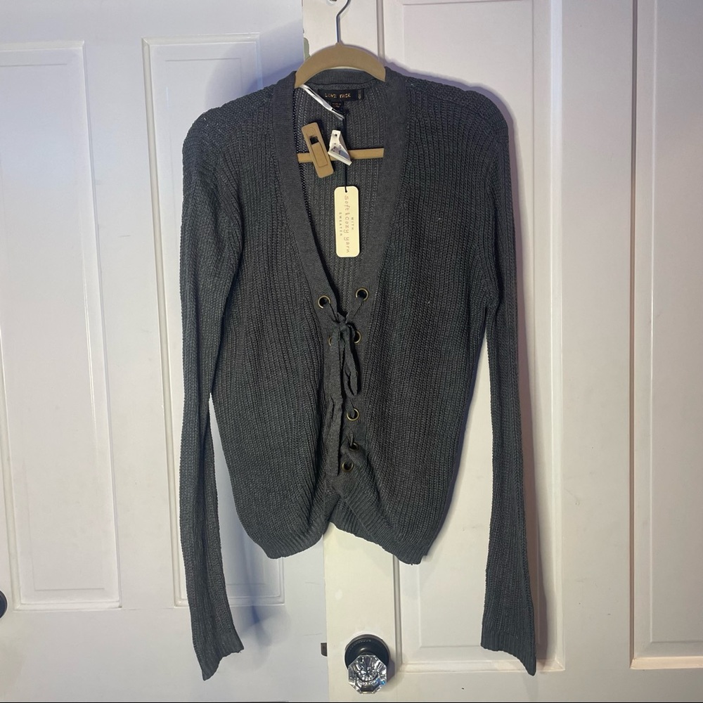 Grey Lace Up Sweater